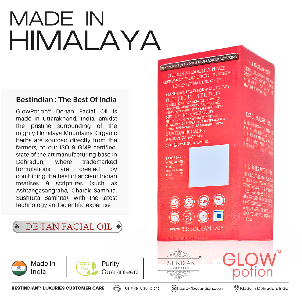 The back view of GlowPotion™ De-Tan Face Oil packaging by BestIndian, detailing its purity guarantee and highlighting its Himalayan origin and organic, made-in-India composition for natural luxury skincare.