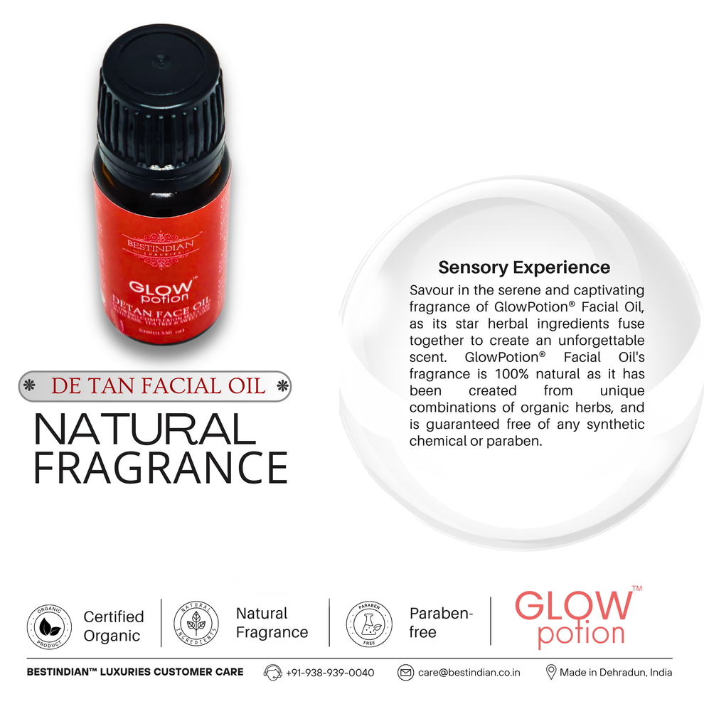 A top-down view of GlowPotion™ De-Tan Face Oil by BestIndian, emphasizing its certified organic, paraben-free formula with a 100% natural fragrance derived from unique herbal ingredients for a serene sensory experience.