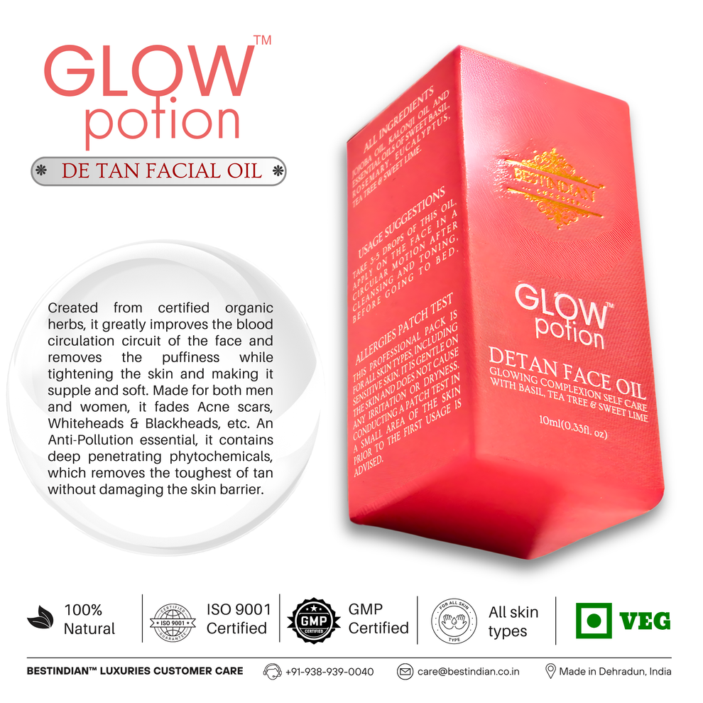 The packaging of GlowPotion™ De-Tan Face Oil by BestIndian, a certified organic, ayurvedic face oil formulated to fade acne scars, treat whiteheads and blackheads, and provide lightweight, non-greasy overnight nourishment for all skin types.