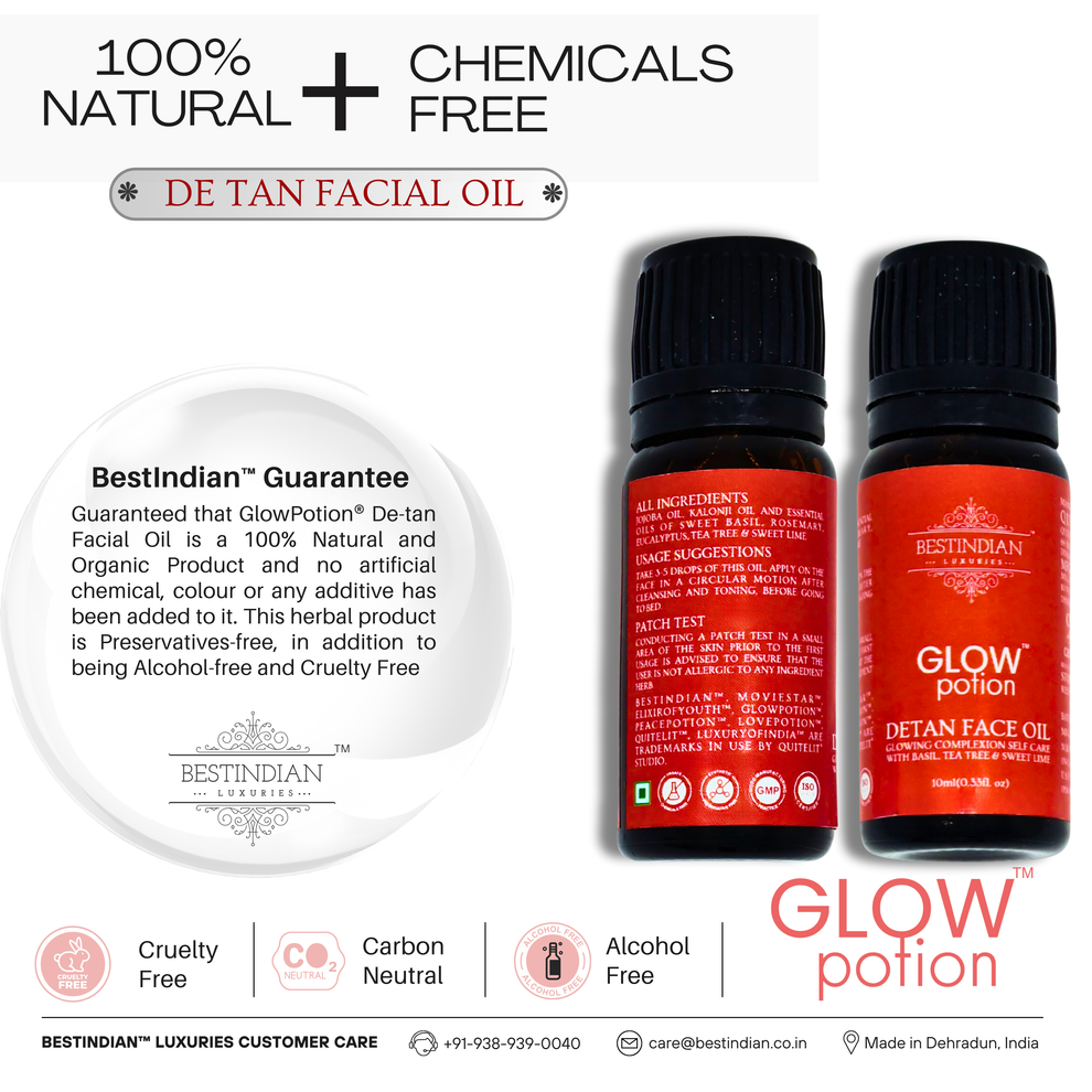 GlowPotion™ De-Tan Face Oil by BestIndian shown with packaging, highlighting its bioactive herbal extracts that repair and strengthen the skin barrier for total protection, recommended by dermatologists.
