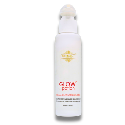 GlowPotion™ Facial Cleanser Gel Pro by BestIndian™, a natural ayurvedic face wash featuring guava leaf, ashwagandha, and mandarin for deep cleansing and radiant, glowing skin.