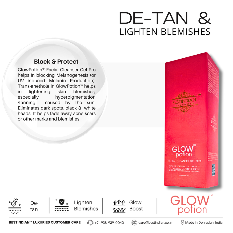 GlowPotion™ Facial Cleanser Gel Pro by BestIndian™, a skin brightening and de-tan face wash designed to lighten blemishes, remove dark spots, and fade acne marks for a clear complexion.