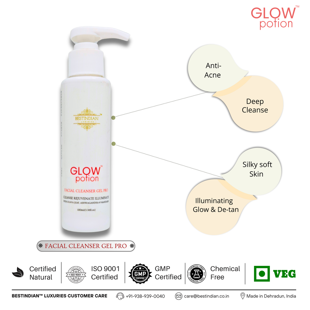 GlowPotion™ Facial Cleanser Gel Pro by BestIndian™, a daily use face wash for deep cleanse, silky soft skin, illuminating glow, de-tan and anti-acne benefits.