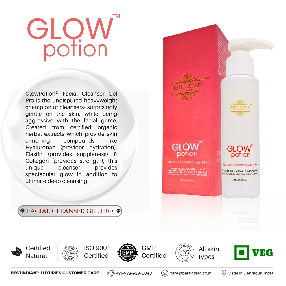 GlowPotion™ Facial Cleanser Gel Pro by BestIndian™, natural and sulfate-free face wash with hyaluronan, elastin, and collagen, designed for gentleness on the skin and toughness on grime for ultimate hydrating, soothing, and radiant skin care.