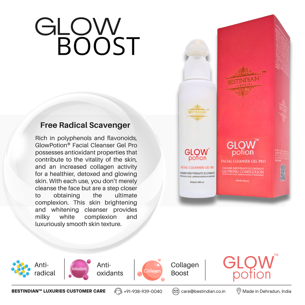 GlowPotion™ Facial Cleanser Gel Pro by BestIndian™, a skin brightening cleanser rich in antioxidants, polyphenols, and collagen boosters for radiant, healthy, and luxuriously smooth skin.