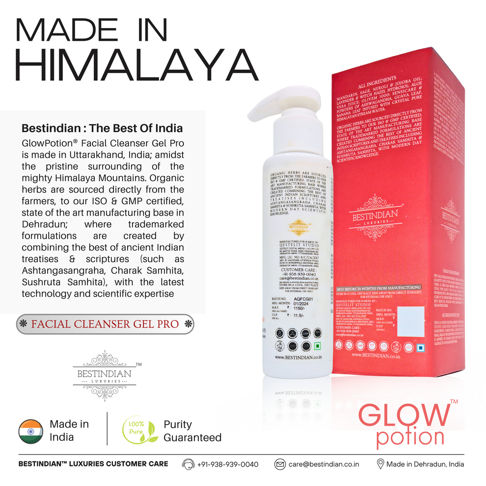 GlowPotion™ Facial Cleanser Gel Pro by BestIndian™, crafted with ayurvedic herbs and organic botanical extracts sourced from the Himalayas for natural, luxury skin care made in India.