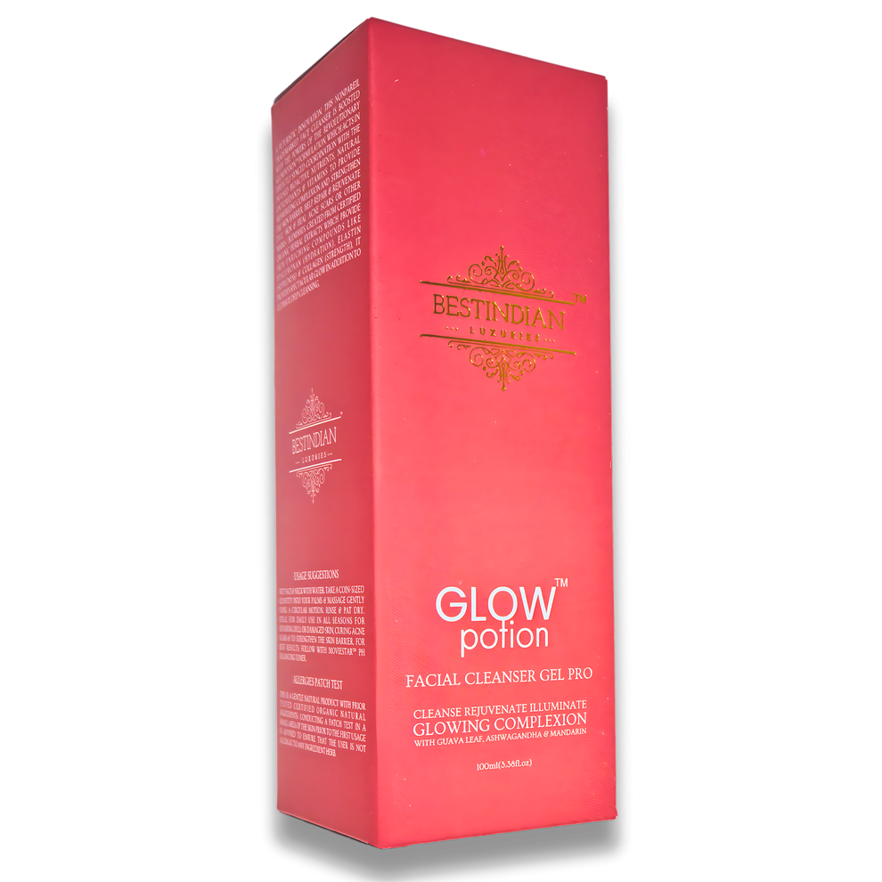 GlowPotion™ Facial Cleanser Gel Pro by BestIndian™, featuring luxury packaging, formulated with ayurvedic ingredients for radiant, rejuvenated, and glowing skin.
