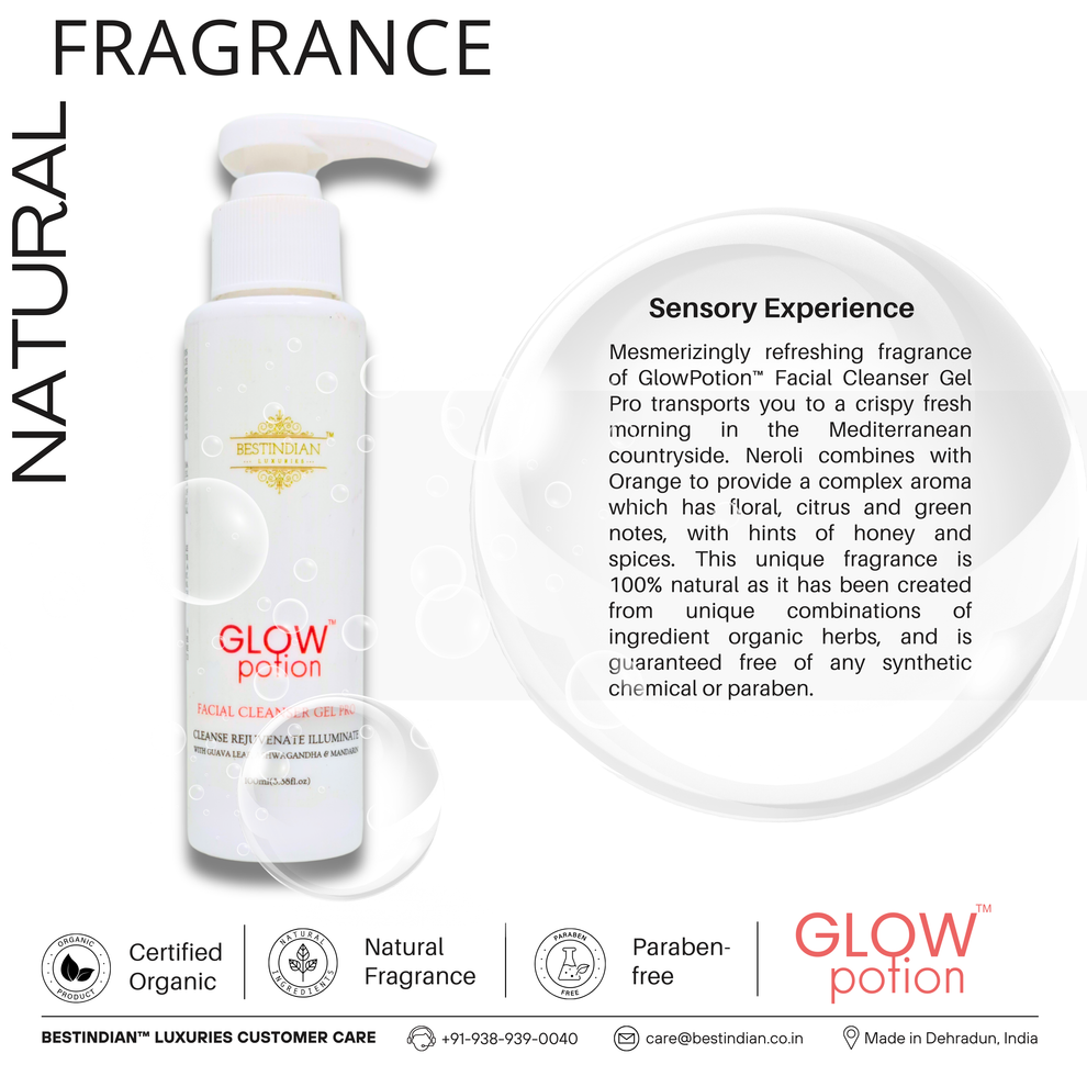 GlowPotion™ Facial Cleanser Gel Pro by BestIndian™, an organic, sulfate-free facial cleanser with natural fragrance from neroli and ayurvedic herbs, perfect for sensitive and purifying skin care routines.