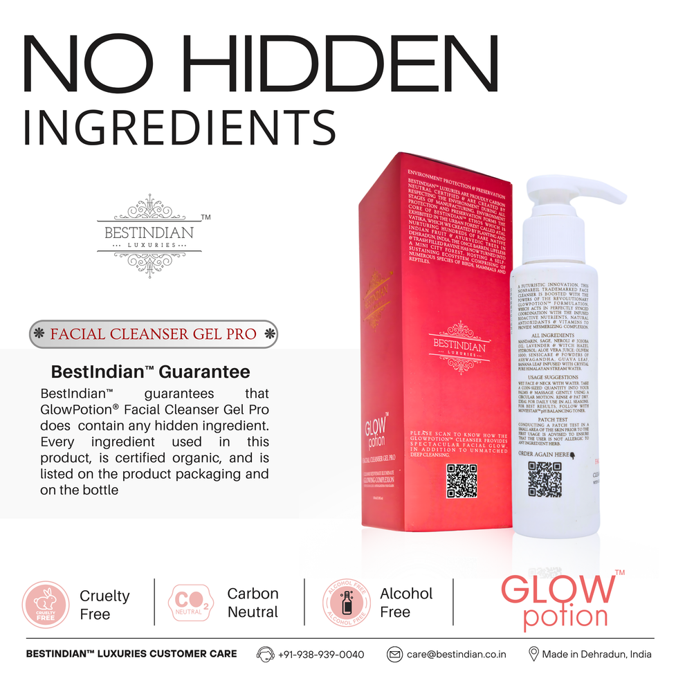 GlowPotion™ Facial Cleanser Gel Pro by BestIndian™, guarantees no hidden ingredients, cruelty-free, alcohol-free, and certified organic formulation for transparent, luxury skincare.