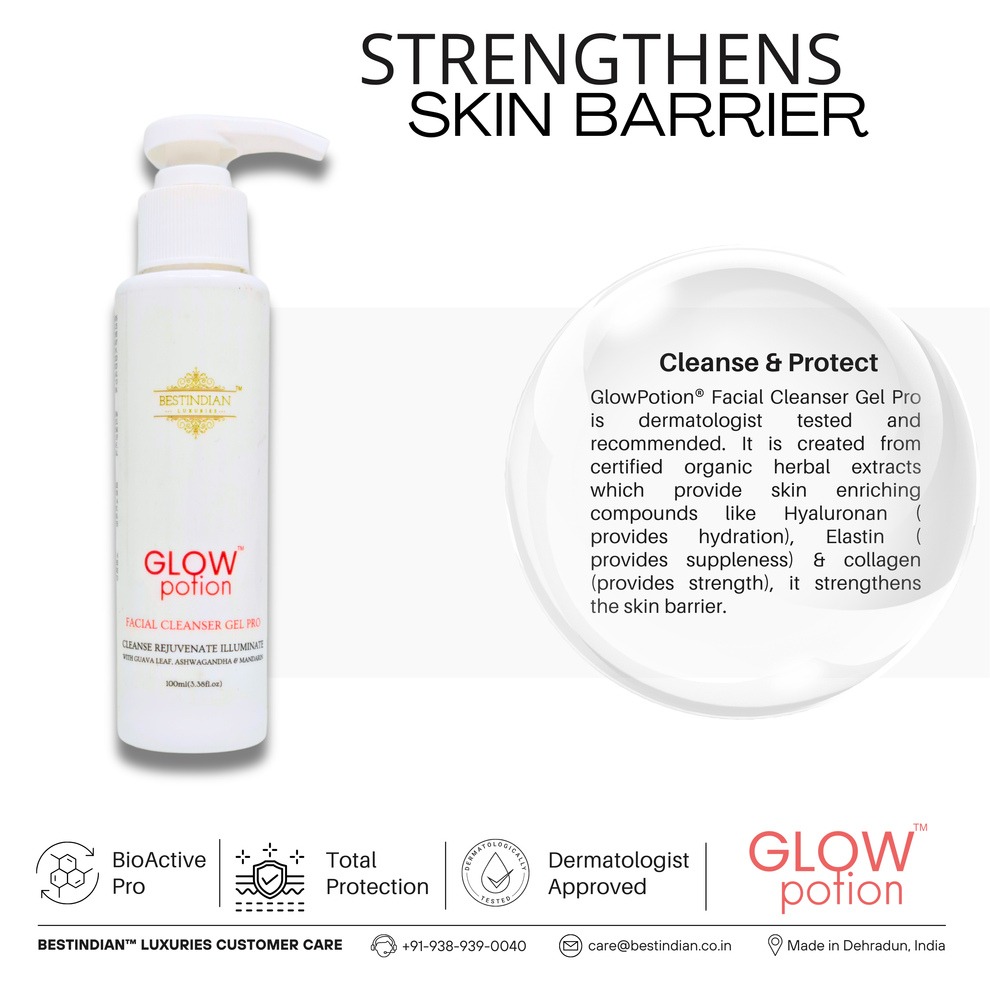 GlowPotion™ Facial Cleanser Gel Pro by BestIndian™, dermatologist-approved cleanser with hyaluronan, elastin, and collagen to strengthen and protect the skin barrier.
