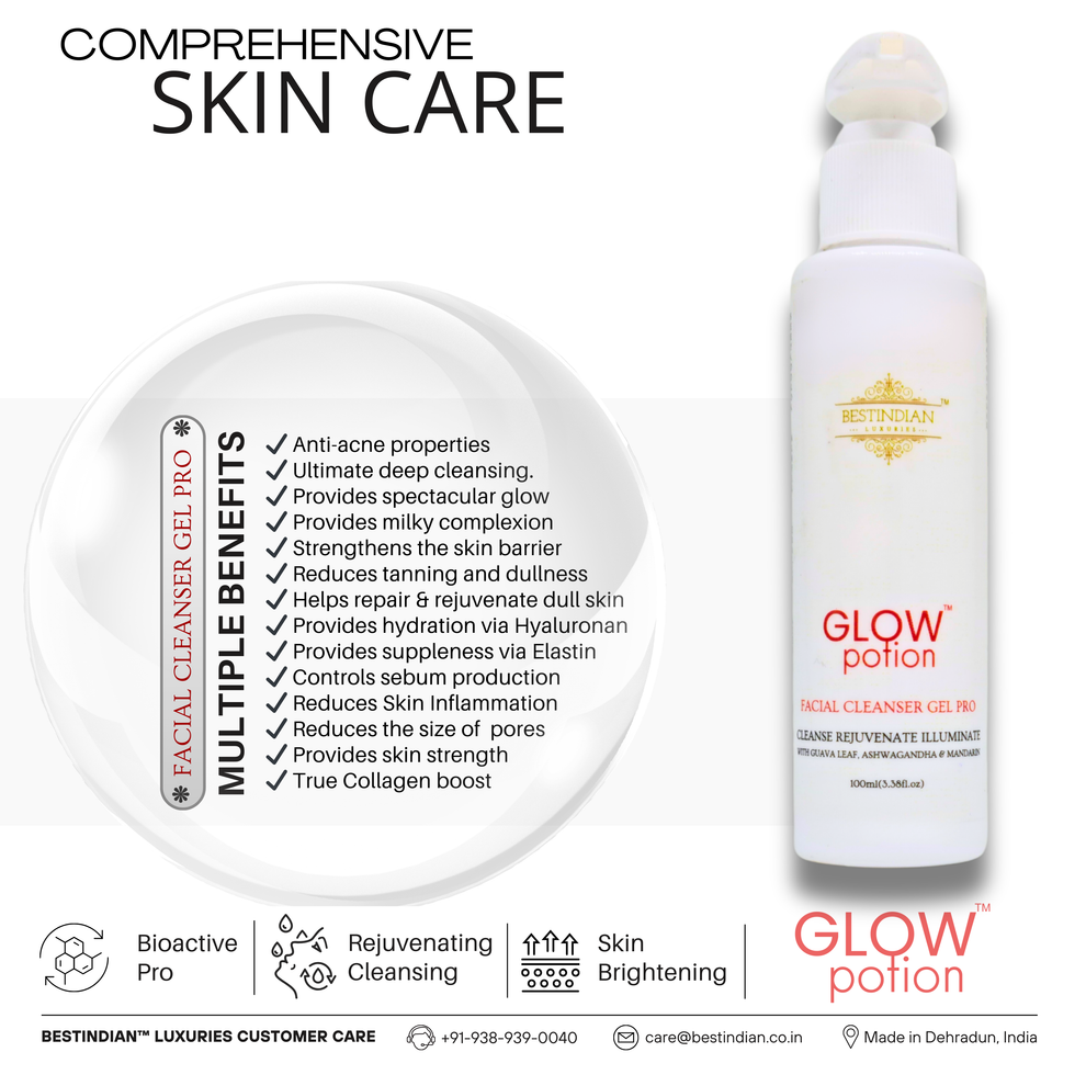 GlowPotion™ Cleanser by BestIndian™ , comprehensive skin brightening cleanser featuring natural gel texture, botanical extracts, and anti-acne, purifying ingredients for sensitive and combination skin.