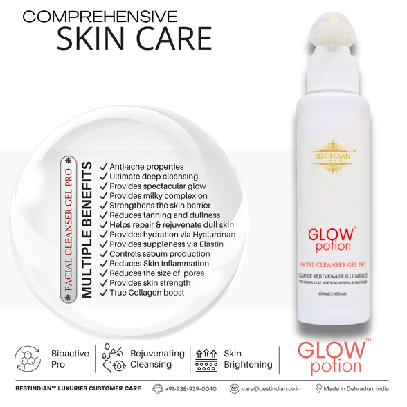 GlowPotion™ Cleanser by BestIndian™ , comprehensive skin brightening cleanser featuring natural gel texture, botanical extracts, and anti-acne, purifying ingredients for sensitive and combination skin.
