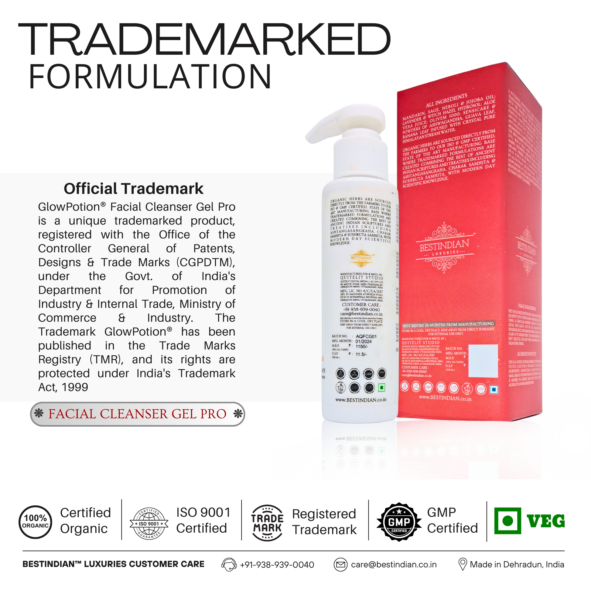 GlowPotion™ Facial Cleanser Gel Pro by BestIndian™, registered trademarked, sulfate-free and certified organic facial cleanser, crafted with botanical extracts for premium luxury skincare.