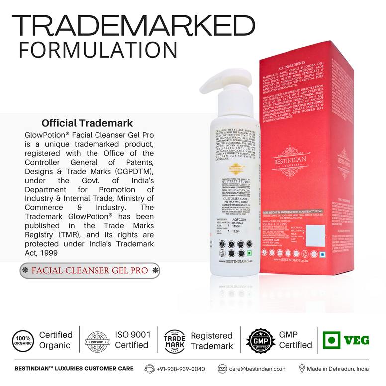 GlowPotion™ Facial Cleanser Gel Pro by BestIndian™, registered trademarked, sulfate-free and certified organic facial cleanser, crafted with botanical extracts for premium luxury skincare.