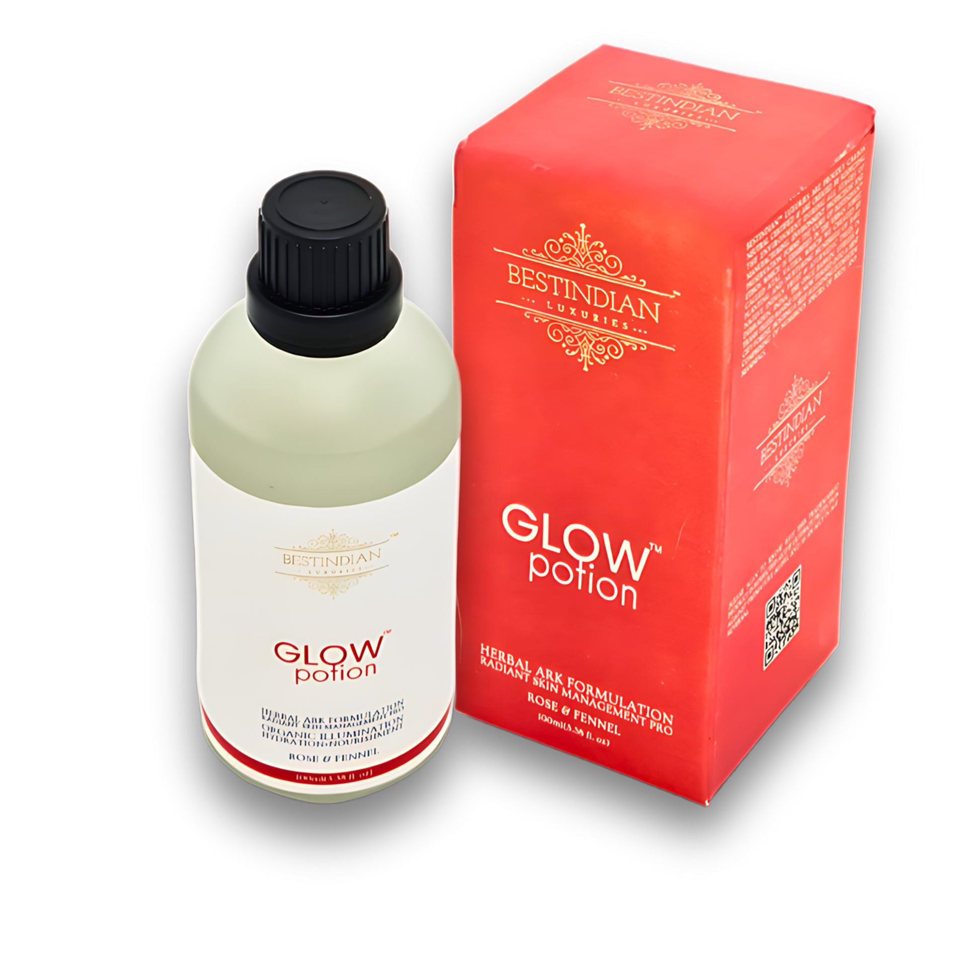 GlowPotion™ herbal drink for glowing skin, shown with its box packaging and nourishing Ayurvedic formula.