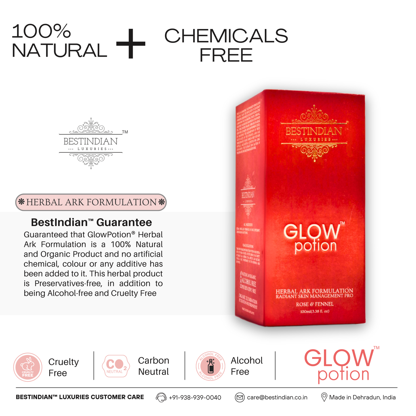 GlowPotion™ natural skin brightening drink, 100% chemical free, paraben free, cruelty free, and carbon neutral.