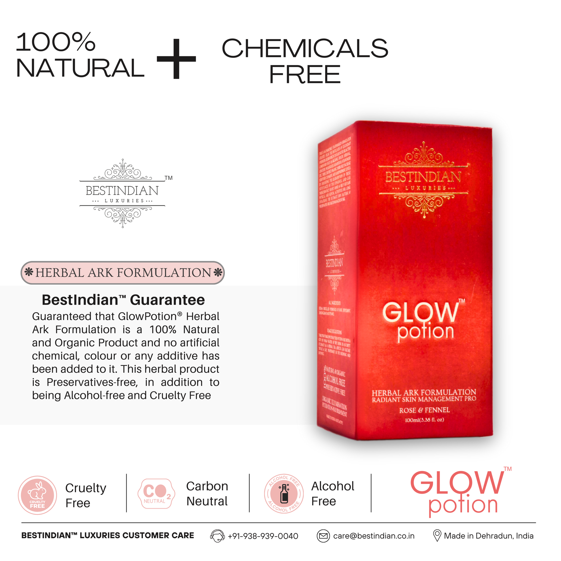 GlowPotion™ natural skin brightening drink, 100% chemical free, paraben free, cruelty free, and carbon neutral.
