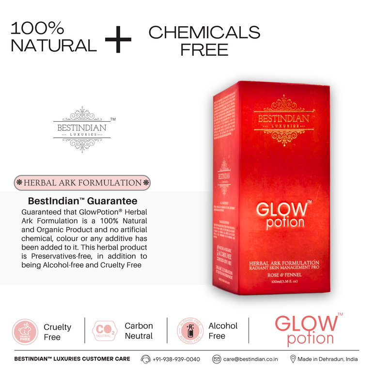 GlowPotion™ natural skin brightening drink, 100% chemical free, paraben free, cruelty free, and carbon neutral.