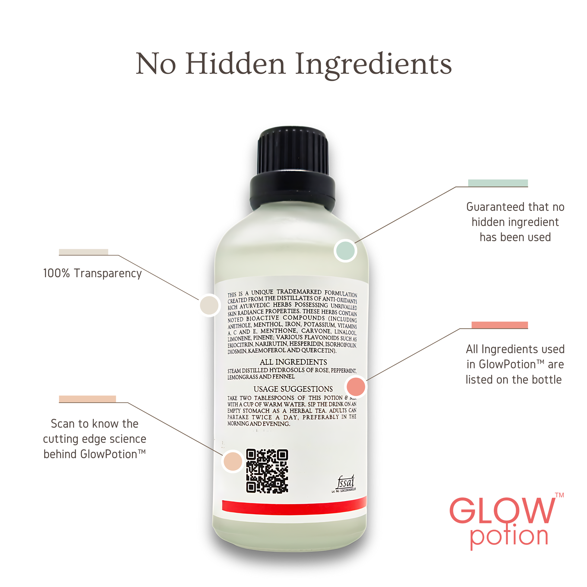 GlowPotion™ skin drink with 100% transparency, listing all natural ingredients clearly on the bottle for guaranteed integrity and openness.
