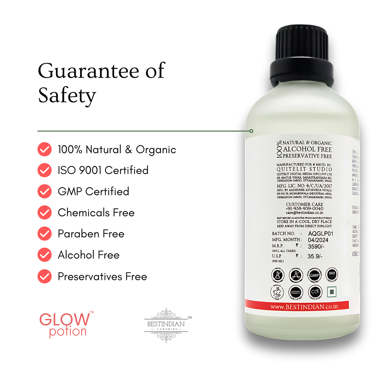 GlowPotion™ safe Ayurvedic drink for skin, certified natural, organic, chemicals free, and preservative free for peace of mind.