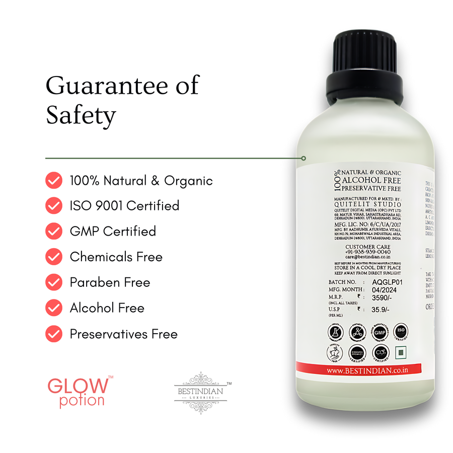 GlowPotion™ safe Ayurvedic drink for skin, certified natural, organic, chemicals free, and preservative free for peace of mind.