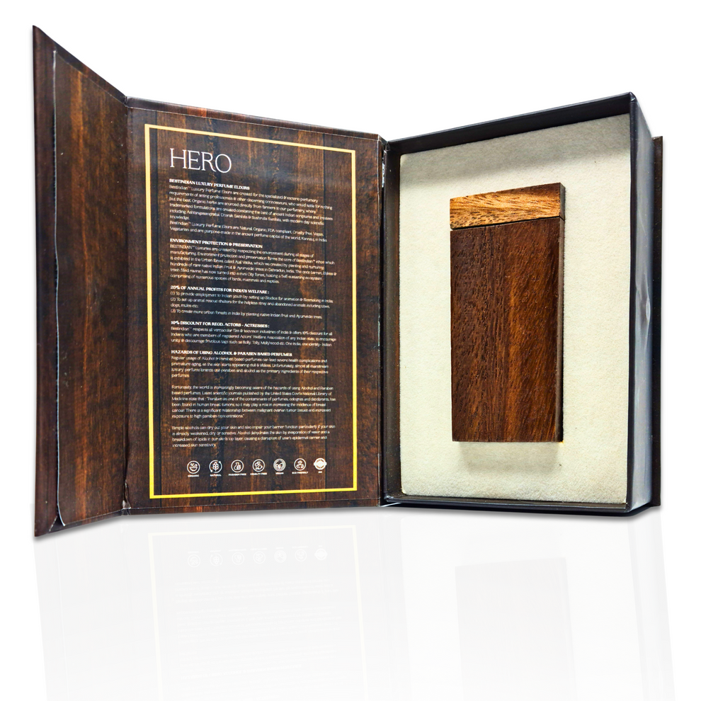Handcrafted wooden case of Hero Perfume Elixir by BestIndian™.  Perfume Oil nestled within its outer box on a cream support base showcasing the luxury of the best Alcohol-free long lasting spicy attar