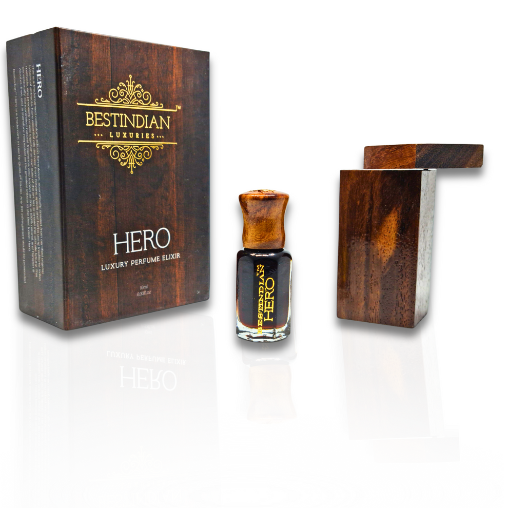 Vial of Hero Perfume Elixir by BestIndian™ with wooden cap, shown with its handcrafted wooden case and outer packaging establishing it as the best seductive perfume for men.