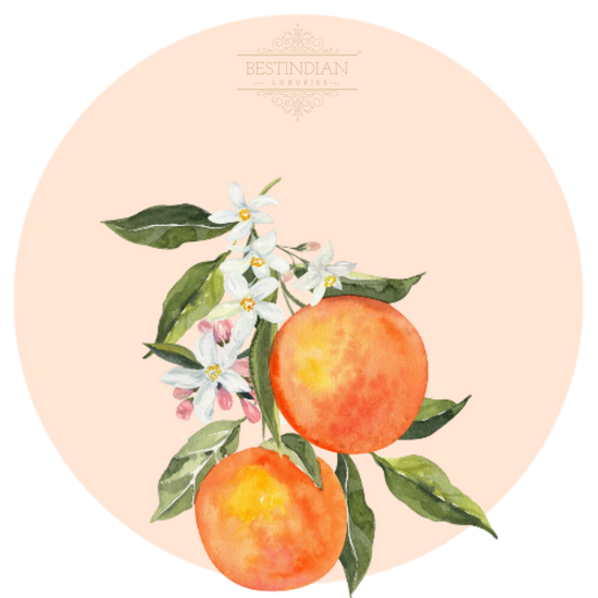 A watercolor botanical illustration of fresh mandarins and white orange blossoms, featuring the BestIndian™ brand mark, used to highlight natural citrus ingredients in luxury skincare.