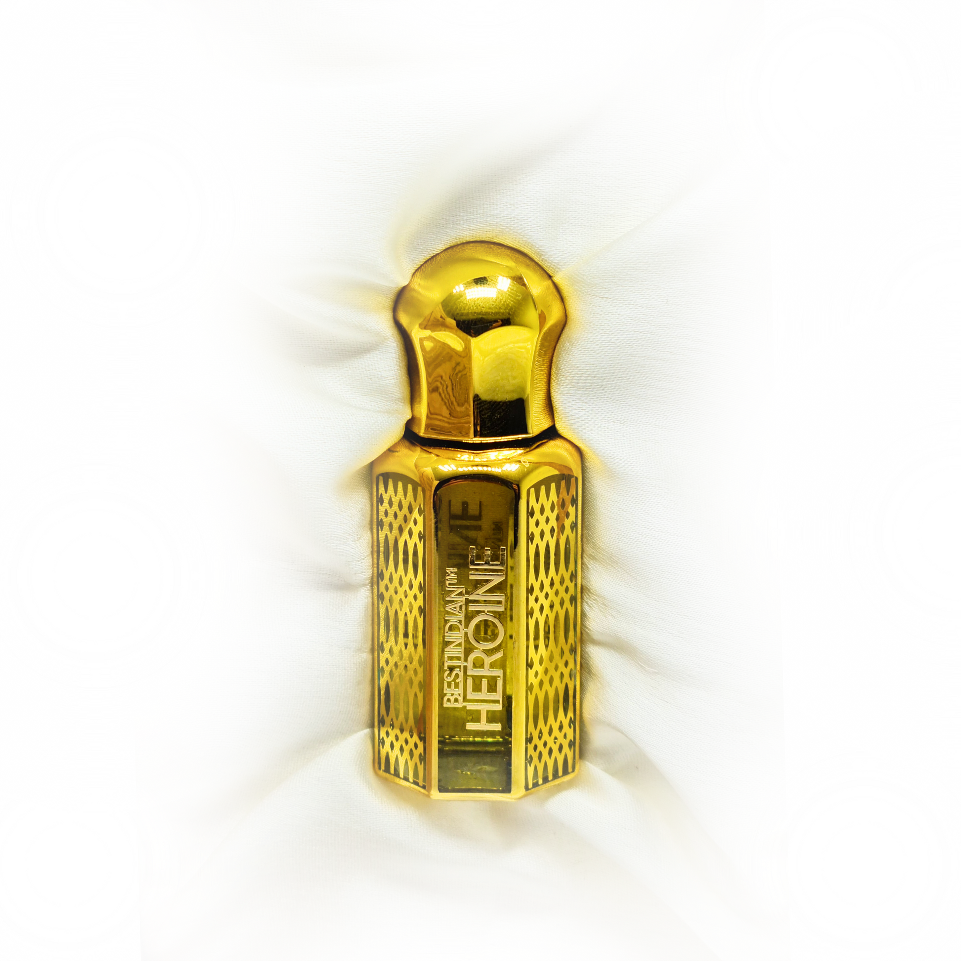 Elegant glass bottle of BestIndian™ Heroine, a natural Vanilla Tobacco perfume elixir Attar for women.
