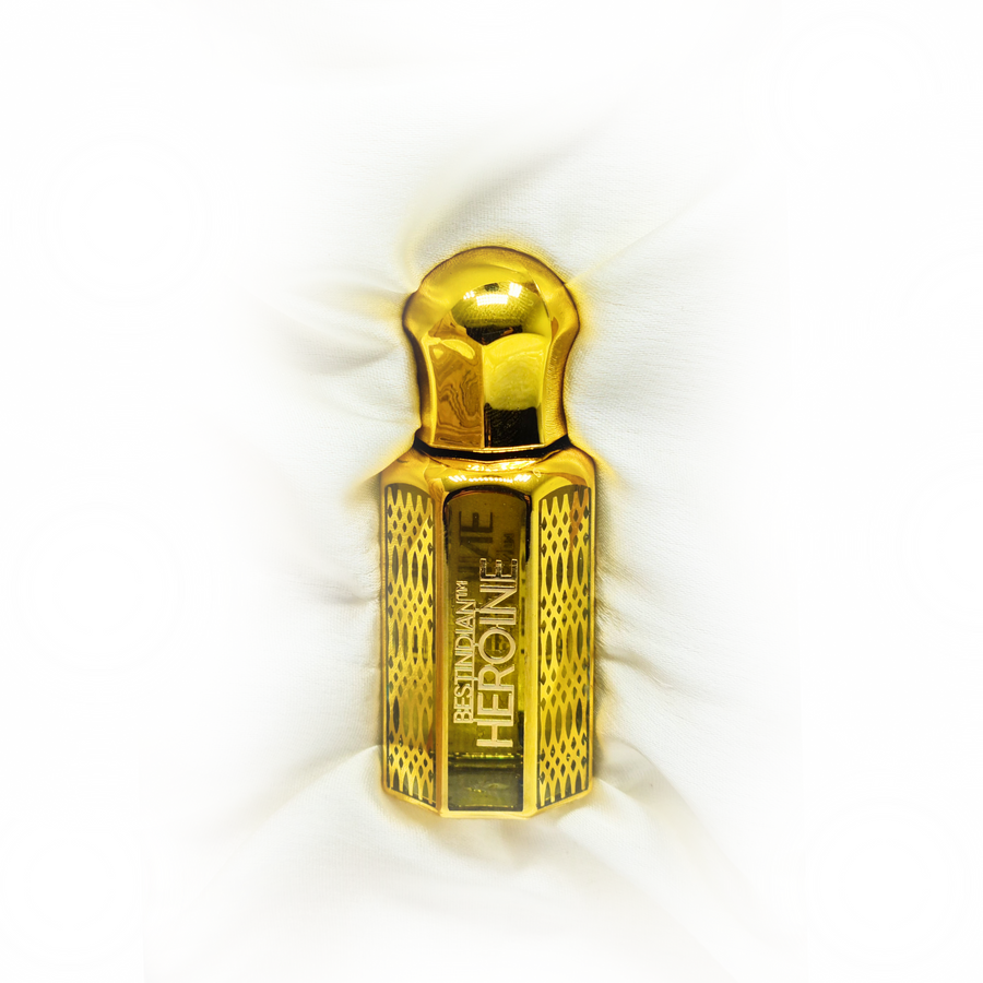 Elegant glass bottle of BestIndian™ Heroine, a natural Vanilla Tobacco perfume elixir Attar for women.
