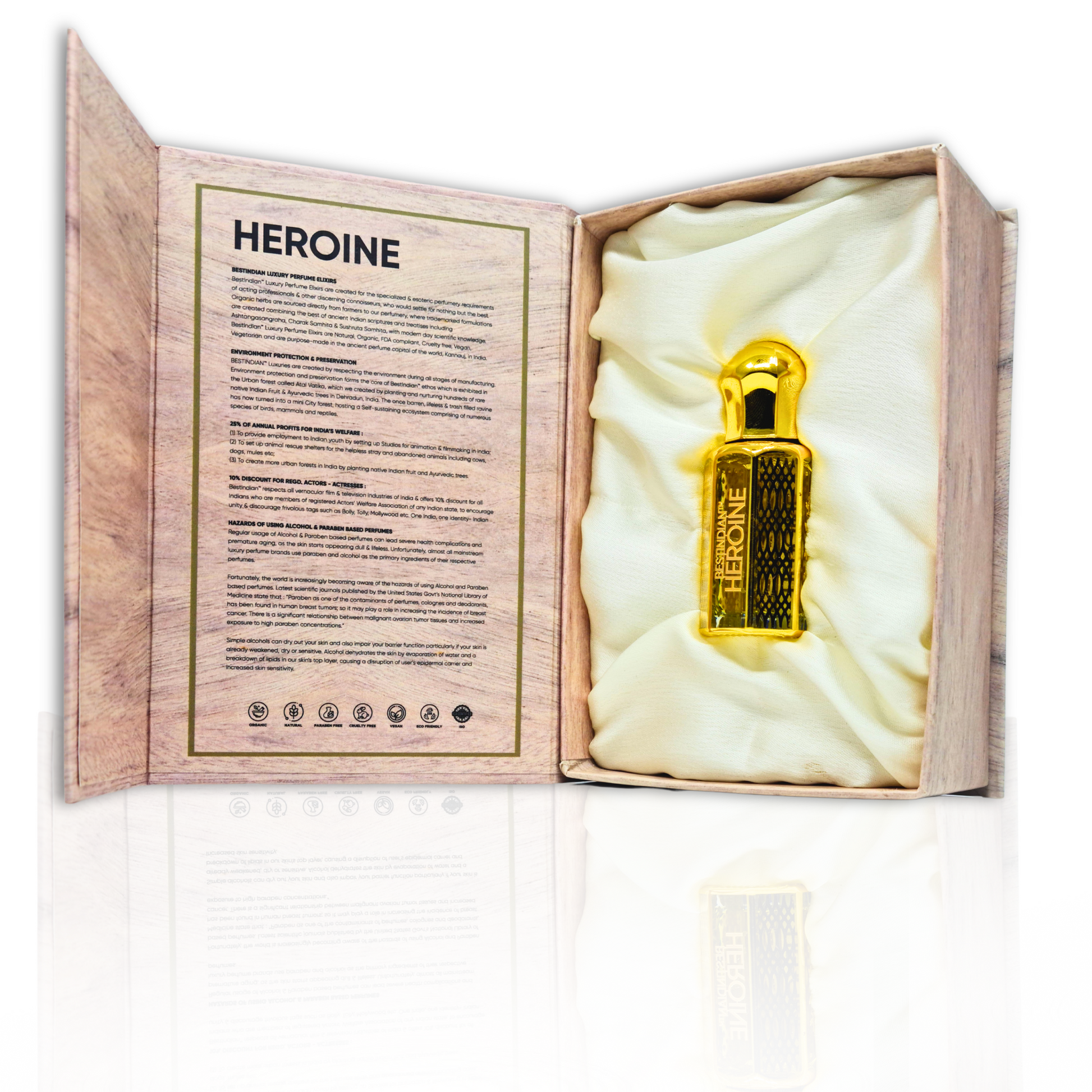 Luxury packaging for BestIndian™ Heroine Attar/ Ittar Perfume Oil Elixir: ornate golden vial nestled on a plush creamy satin cushion.