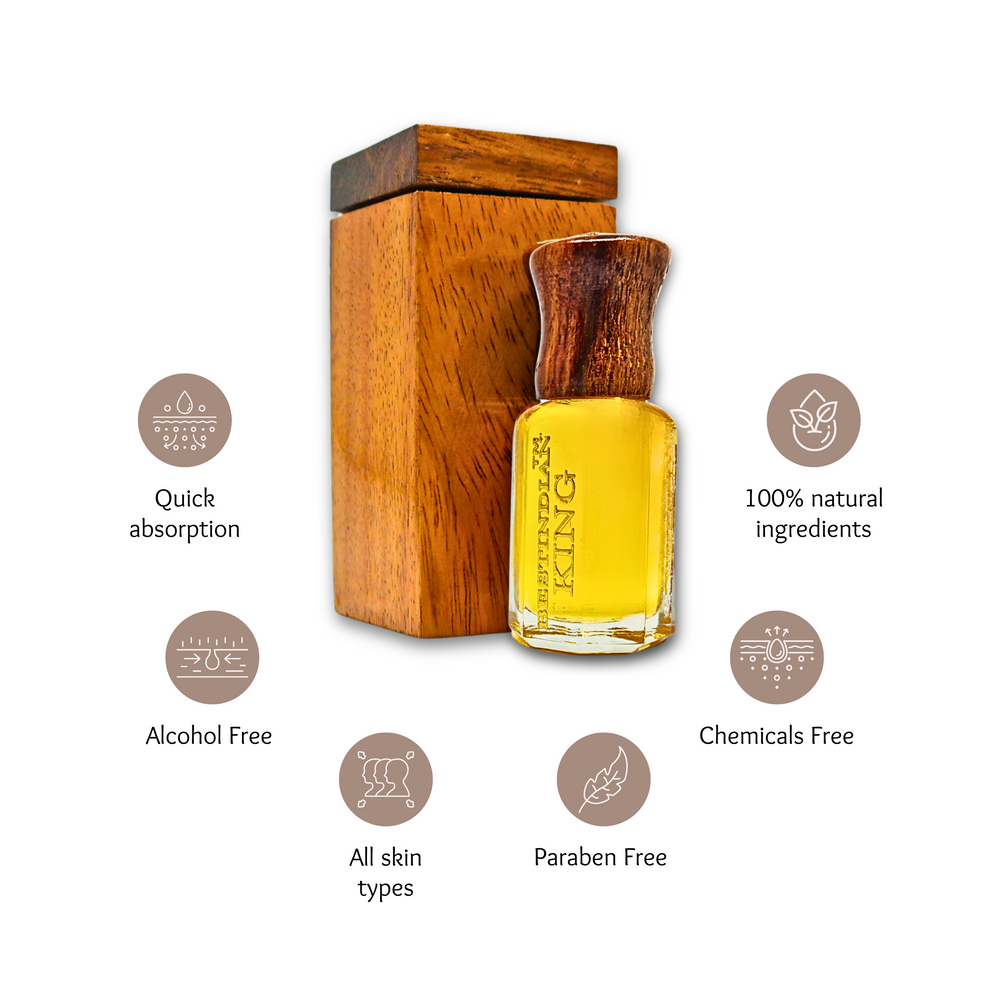 Vial of BestIndian™ King, the original Petrichor perfume with smell of wet soil, surrounded by symbols highlighting its 100% natural, Chemicals-free, paraben-free and alcohol-free fragrance properties. 
