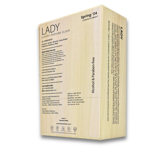 Elegant light wood-style presentation box for BestIndian™ Lady Elixir perfume oil. Women's Alcohol-free luxury perfume.