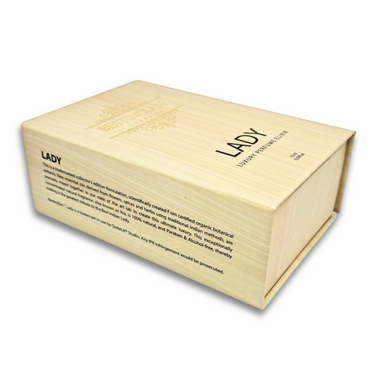 Elegant light wood-style presentation box for alcohol-free fragrance of BestIndian™ Lady Elixir perfume oil. Best perfume in India for women.