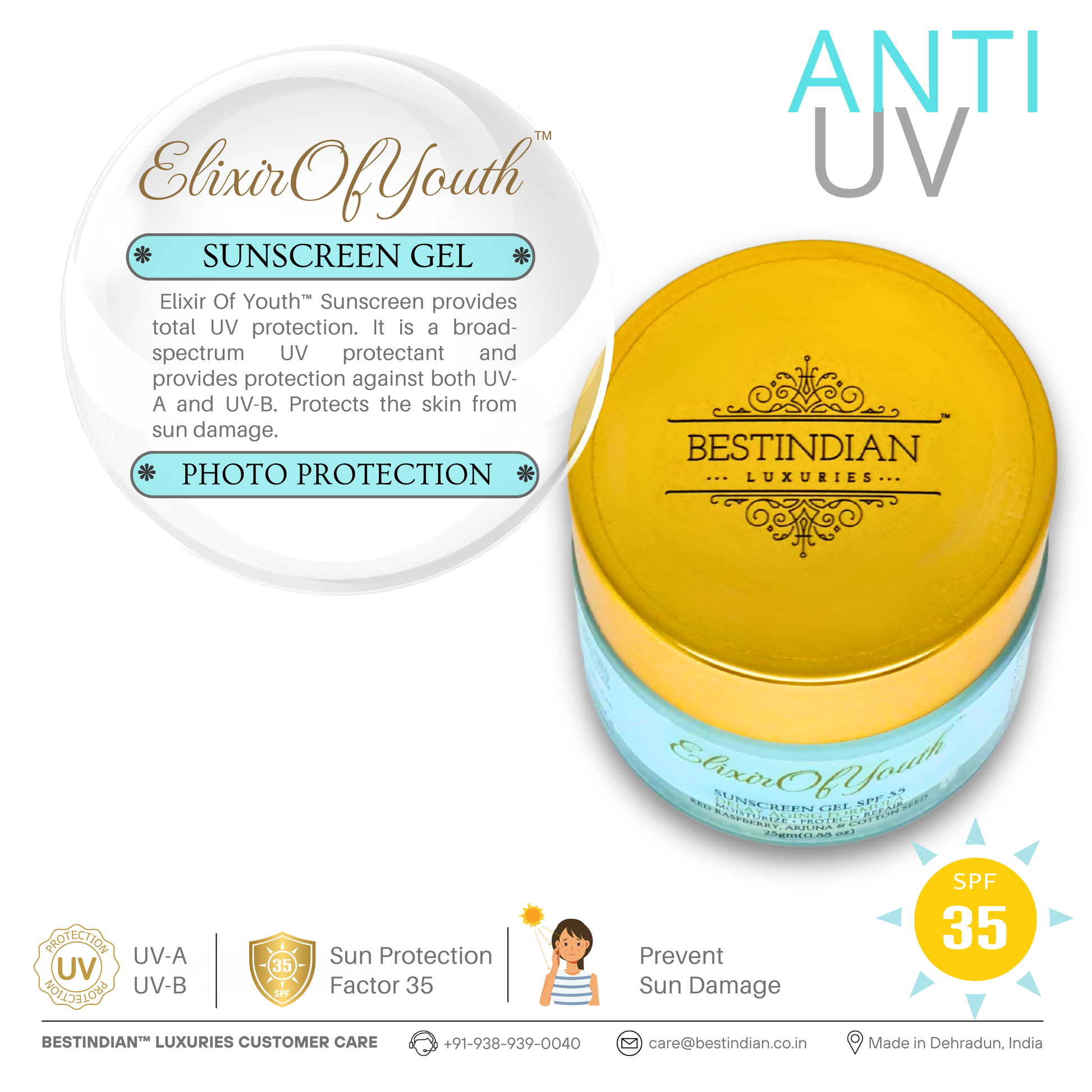 An infographic highlighting the anti-UV and photo protection benefits of the Elixir of Youth Sunscreen Gel, which protects against UVA and UVB rays.