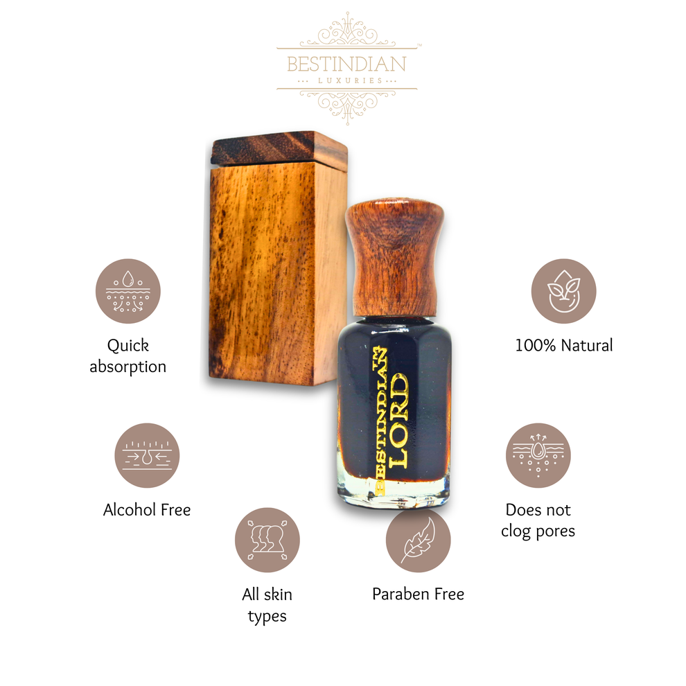 Close-up of bottle of the spicy woody Perfume Attar- Lord by BestIndian™ luxury roll-on perfume oil surrounded by symbols of its USP such as 100 % Natural perfume, Alcohol-free Perfume, Paraben-free, Quick absorption for all skin types.