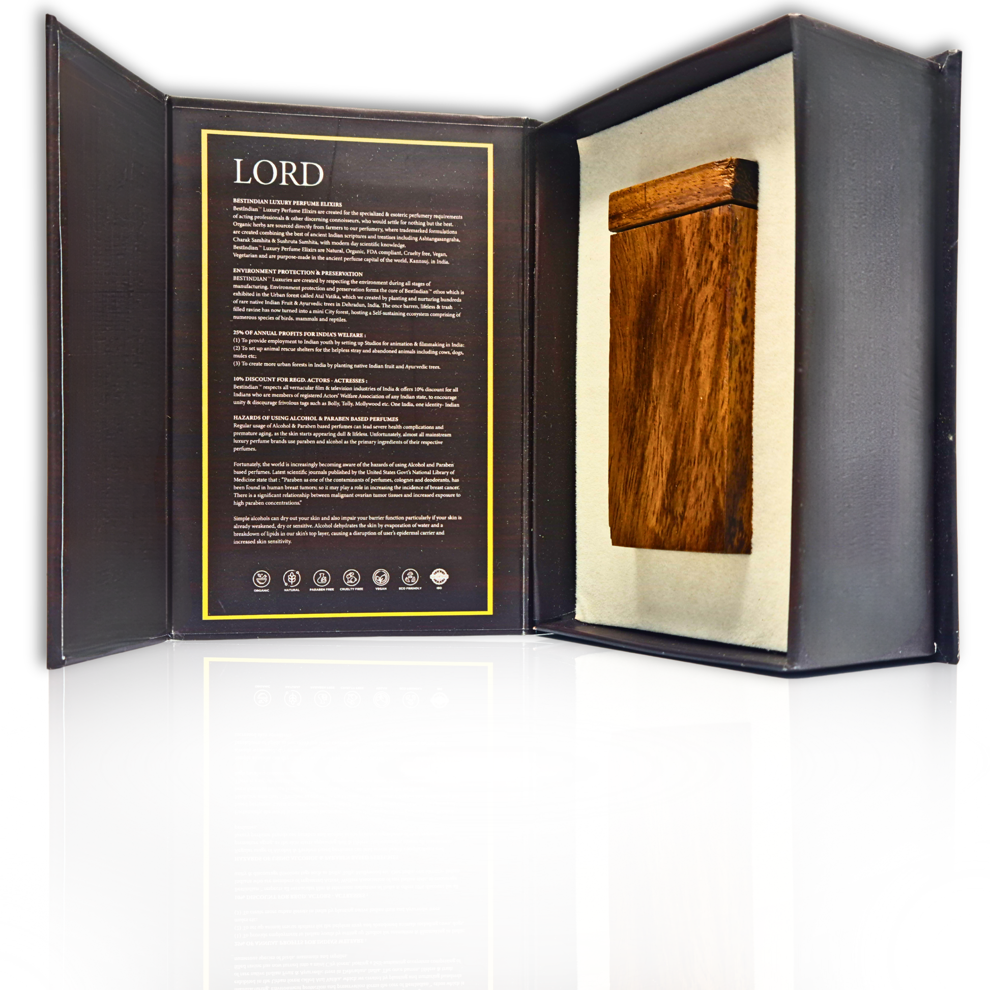 Handcrafted wooden case of Lord by BestIndian™ Perfume Elixir elegantly nested in its outer box on a cream support base showcasing the spicy woody perfume attar.