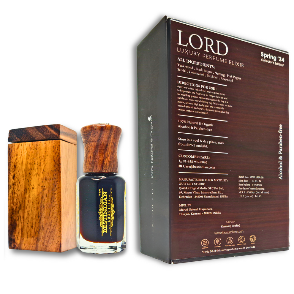 BestIndian™ Lord Perfume Elixir vial (wooden cap) displayed with its handcrafted wooden case and outer box's reverse side showing its spicy woody perfume ingredients.