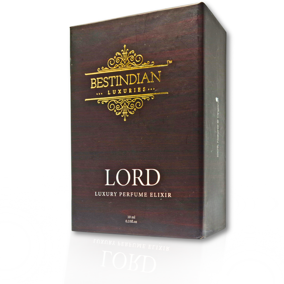 Outer wooden themed packaging box of Lord Luxury Perfume Elixir by BestIndian™- a 100% natural spicy woody attar