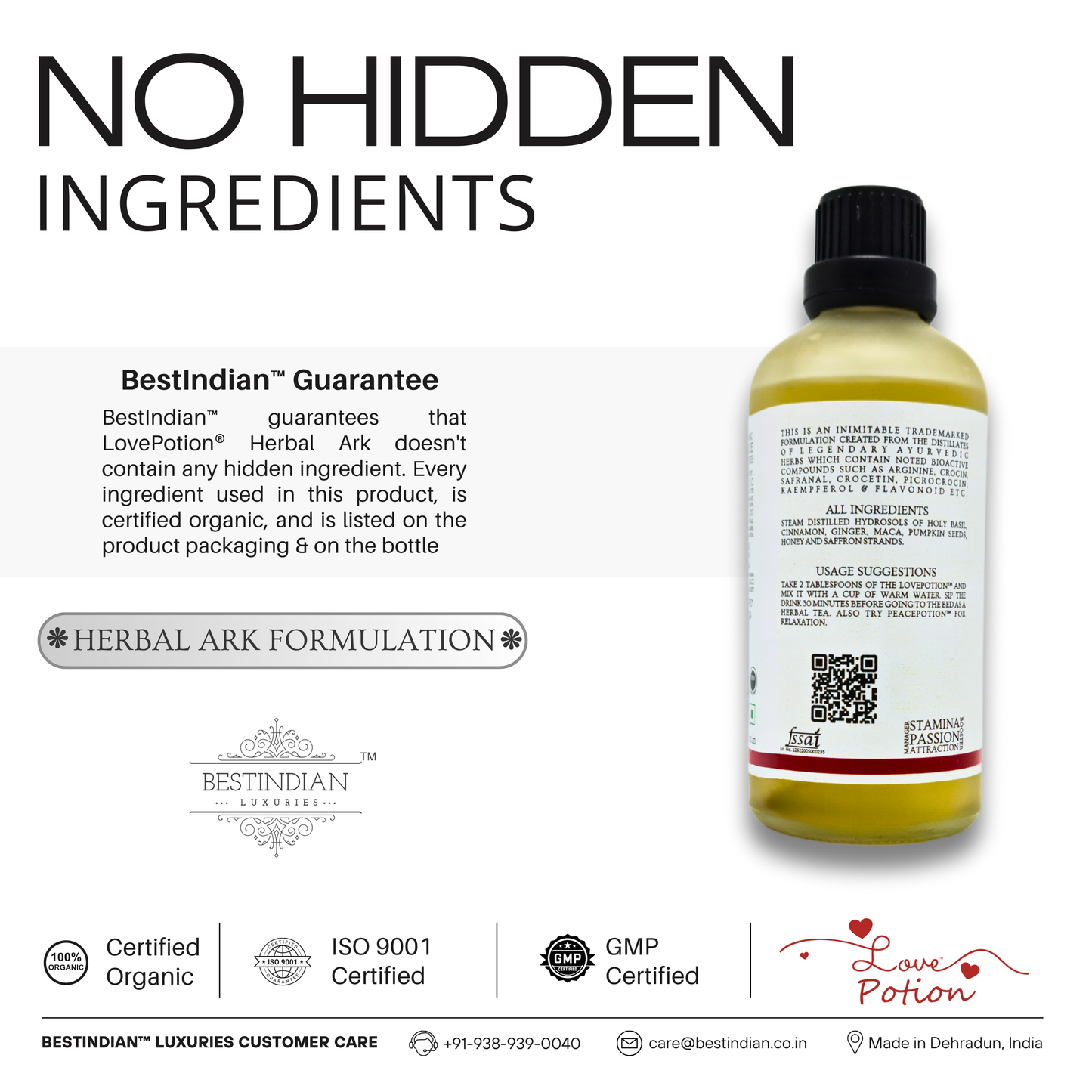 LovePotion™ herbal ark with no hidden ingredients, showcasing a certified organic and transparent mood-enhancing formula.
