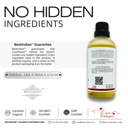 LovePotion™ herbal ark with no hidden ingredients, showcasing a certified organic and transparent mood-enhancing formula.