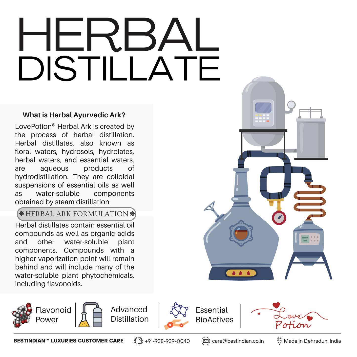 LovePotion™ herbal ark distillate, an Ayurvedic infused tea for mood with bioactive botanicals and essential flavonoids.