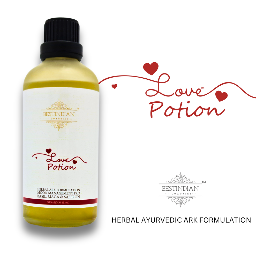 LovePotion™ herbal potion bottle highlighting the brand’s mood management pro Ayurvedic ark formulation.