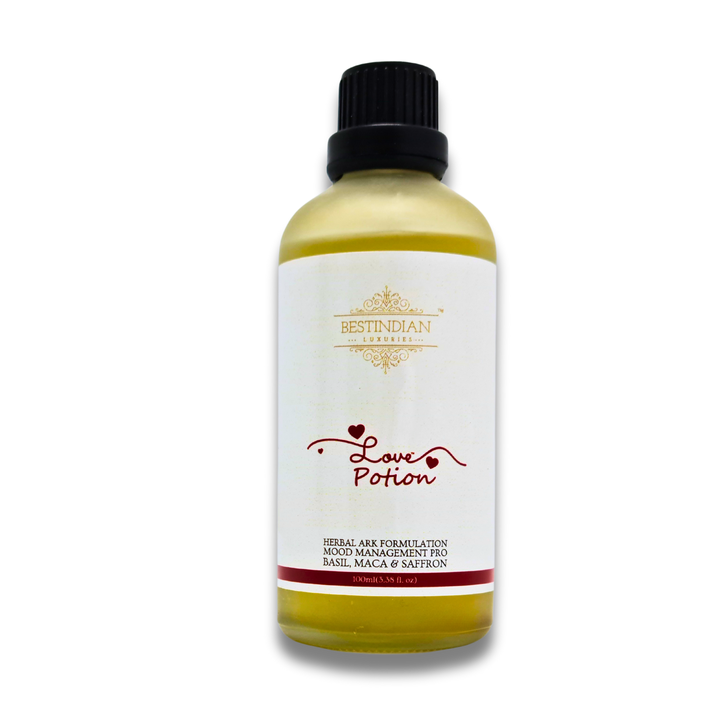 LovePotion™ herbal potion bottle—Ayurvedic mood boosting drink crafted with basil, maca, and saffron for vitality.