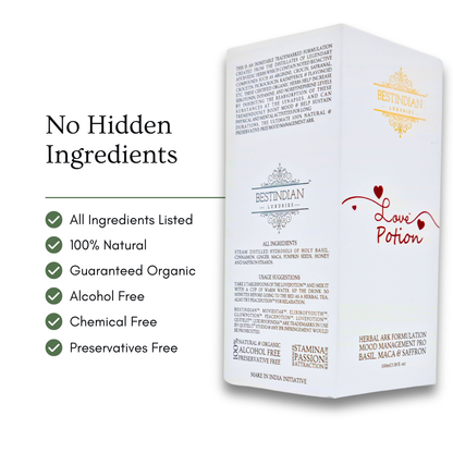 LovePotion™ natural herbal tea with no hidden ingredients, guaranteed 100% organic and free from alcohol, chemicals, and preservatives.