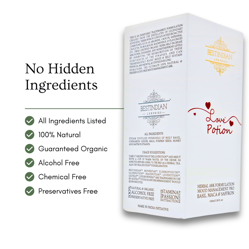 LovePotion™ natural herbal tea with no hidden ingredients, guaranteed 100% organic and free from alcohol, chemicals, and preservatives.