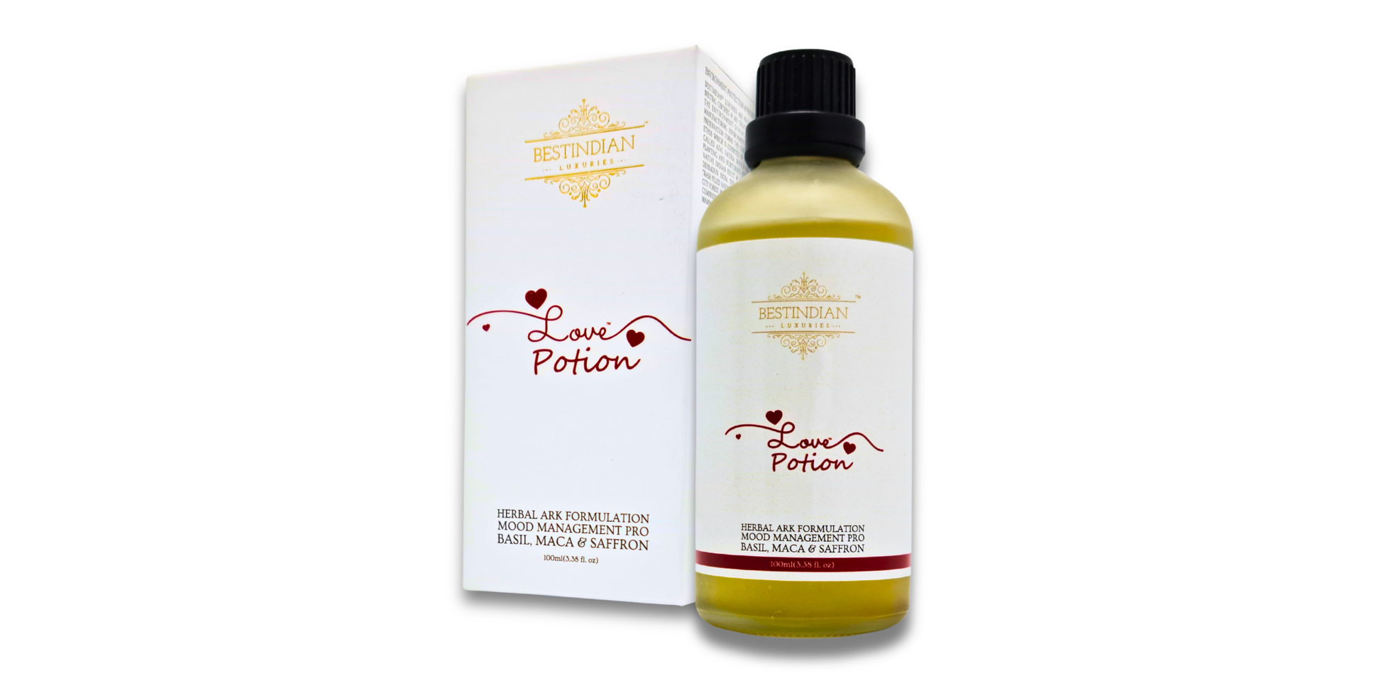 LovePotion™ potion bottle and box, an Ayurvedic herbal tea for mood support with basil, maca, and saffron.