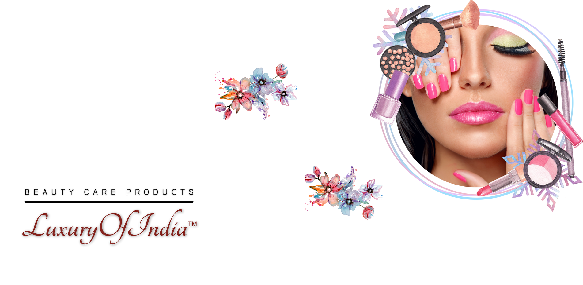 Promotional banner for Luxury Of India beauty care products by BestIndian. The slide features a vibrant collage of cosmetics like lipstick and eyeshadow surrounding a woman's face with bold makeup, conveying a premium and artistic feel.