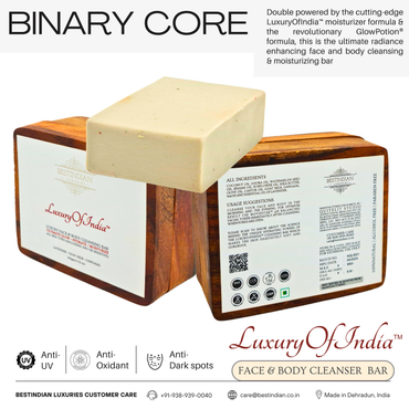 Detailing the binary core engine of the Luxury of India cleansing bar, which features a moisturizer formula for radiance and protection against dark spots and UV.