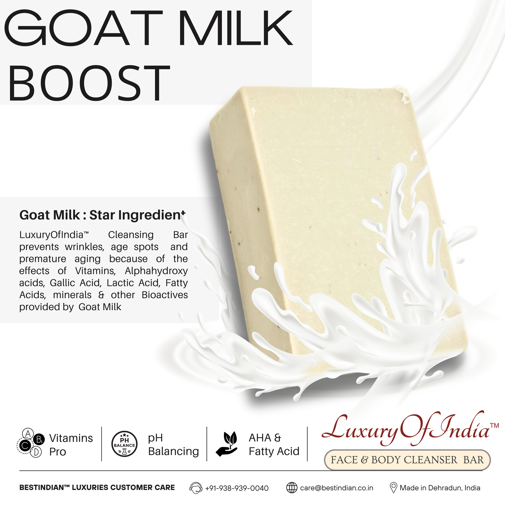 Illustrating the Goat Milk Boost in the Luxury of India soap, showcasing its pH balancing properties and natural AHAs, making it ideal for sensitive skin.